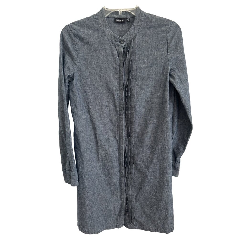 Kate Spade Saturday Blue Cotton & Linen Long Sleeve Pleated Dress, Size XS